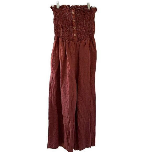 Faithful The Brand Lais Jumpsuit Plain Sangria Linen Smock Strapless Jumpsuit - Picture 8 of 13